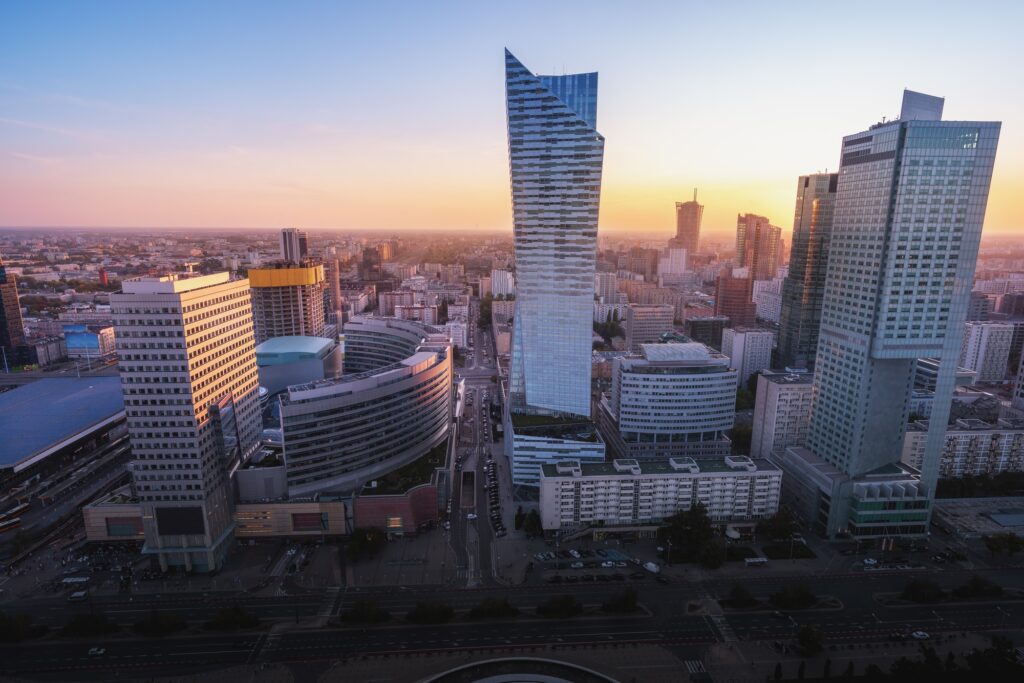 Aerial view of Warsaw Modern Buildings at sunset - Warsaw, Poland
